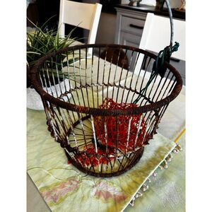 Vintage metal clam basket with net bag; hard to find small size